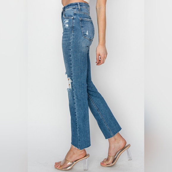 RISEN High-Rise Straight Leg Distressed Ankle Frayed Raw Hem Jeans Denim Pants - Picture 8 of 16